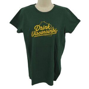 Drink Wisconsinbly Women Large Green Yellow Crew Neck Short Sleeve T Shirt NEW